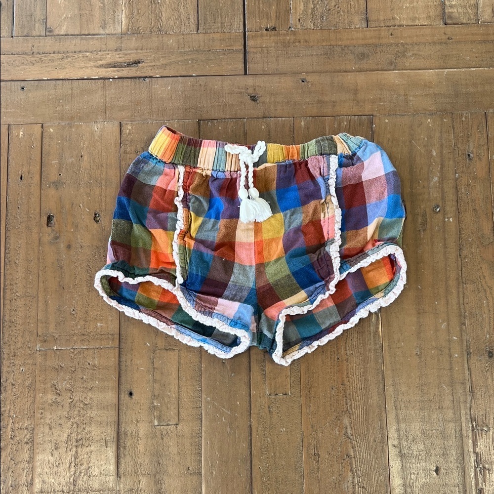 Pink chicken plaid gauzy lace trim shorts girls size 4